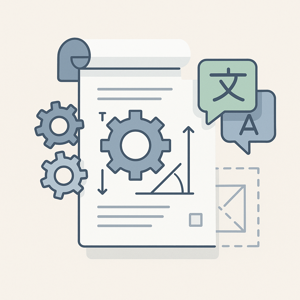 Illustration vectorielle d’un document technique avec engrenages et symbole de traduction pour représenter la traduction de cahier des charges industriel.