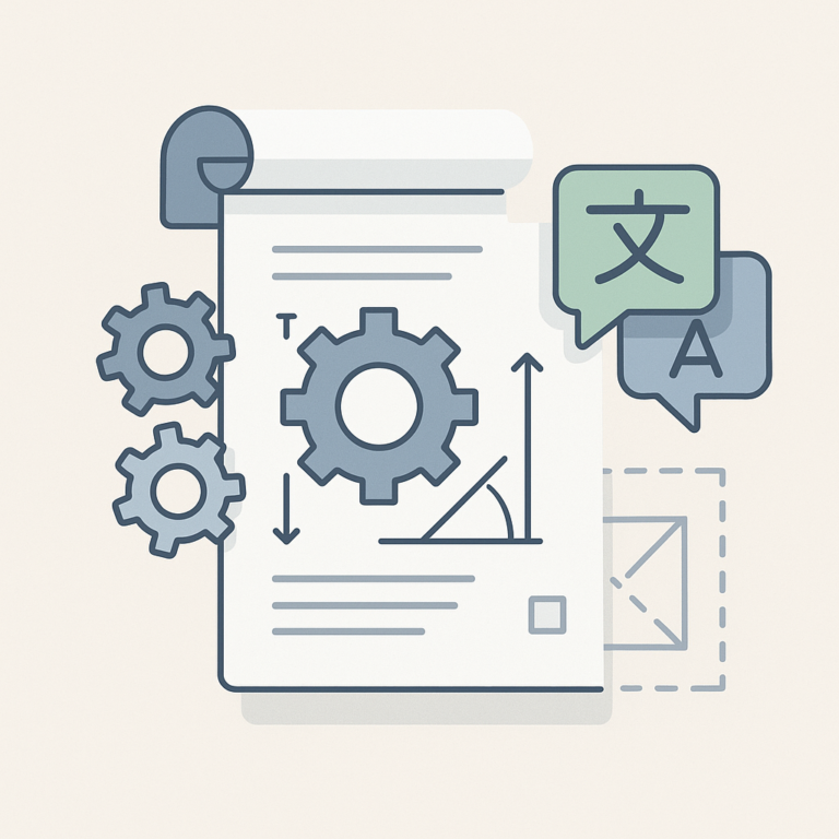 Illustration vectorielle d’un document technique avec engrenages et symbole de traduction pour représenter la traduction de cahier des charges industriel.