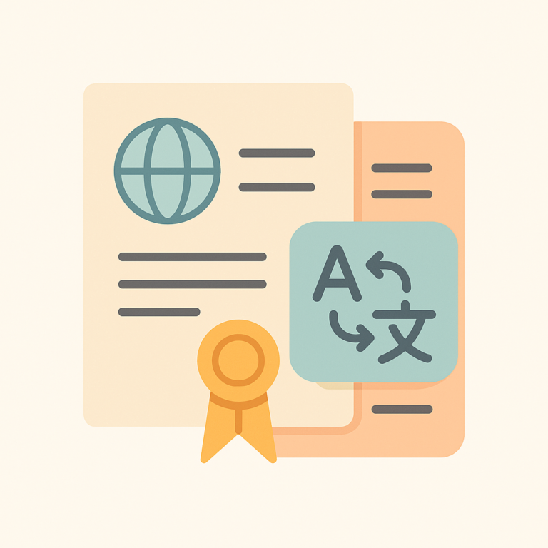Illustration vectorielle d’un certificat d’origine avec sceau officiel et icône de traduction, sur fond clair.