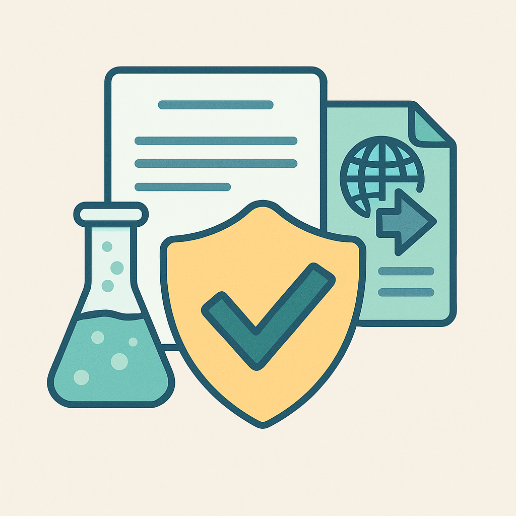 Illustration vectorielle représentant la traduction de certificats d’analyses médicales avec icônes de laboratoire, documents et validation.