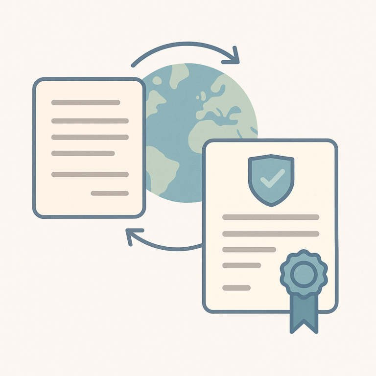 Illustration vectorielle minimaliste montrant des documents certifiés et un globe, symbolisant la traduction internationale de certificats de conformité.