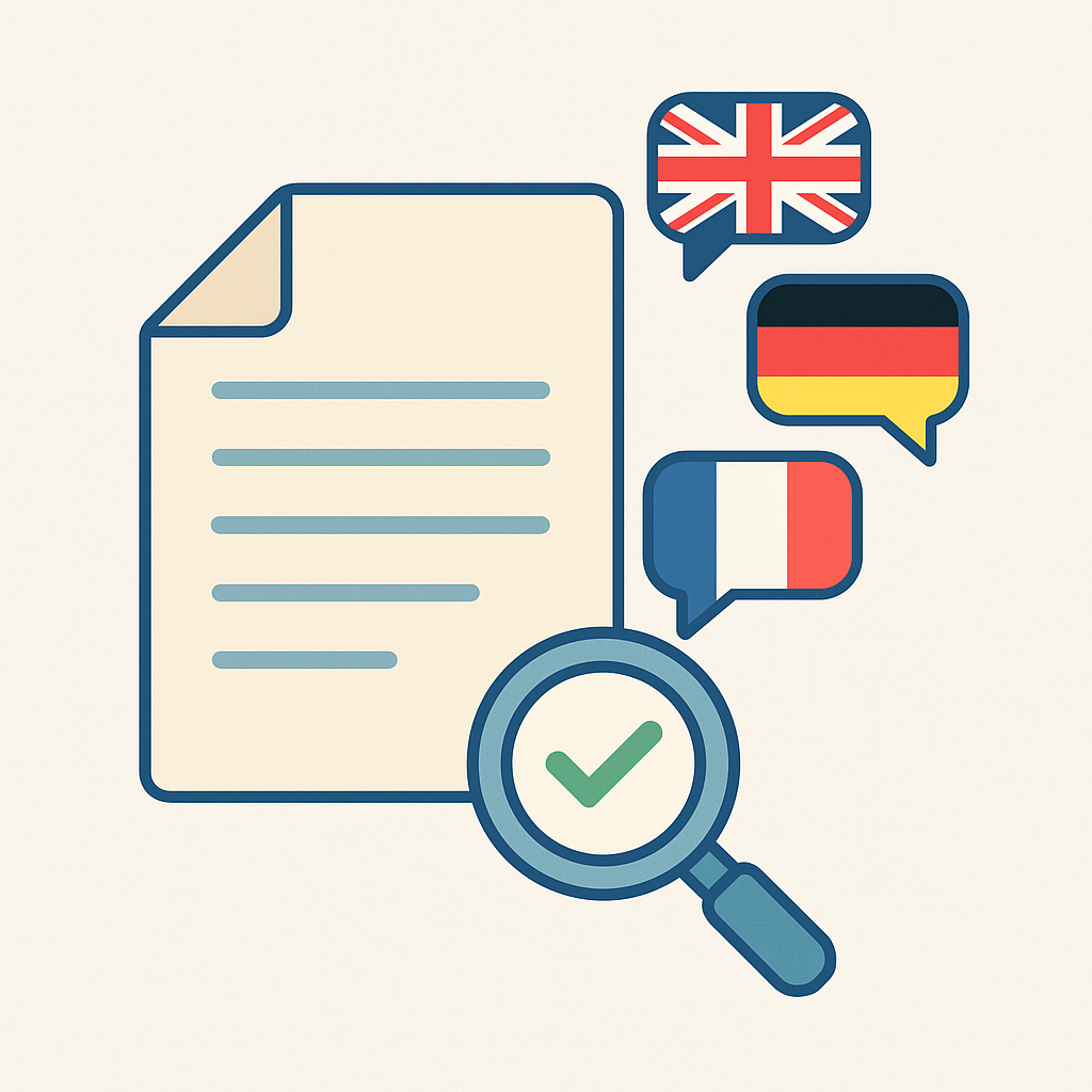 Illustration vectorielle d’un document officiel entouré de bulles avec drapeaux et d’une loupe validée, représentant la traduction de chartes d’entreprise multilingues.