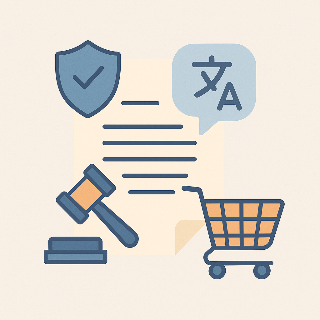 Illustration vectorielle d’un document avec bouclier, icône de traduction, marteau de juge et chariot d’achat pour représenter la traduction de conditions générales de vente.