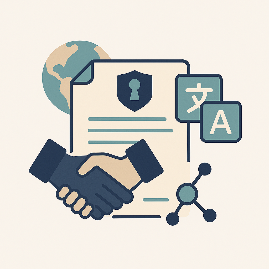 Illustration vectorielle d’un document avec cadenas, poignée de main, globe et icône de traduction pour représenter la traduction de contrats commerciaux internationaux.