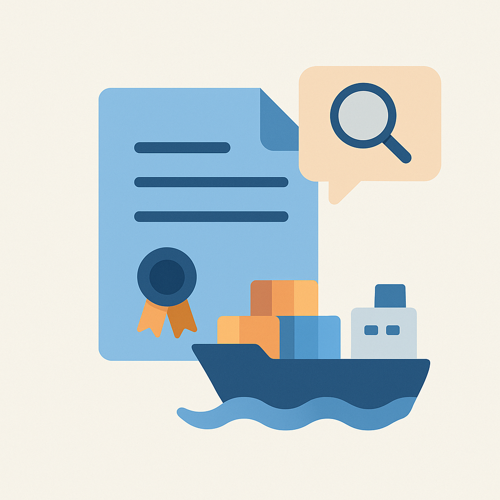 Illustration vectorielle d’un contrat, d’un cargo transportant des conteneurs et d’un symbole d’analyse, représentant la traduction de contrats de transport maritime.