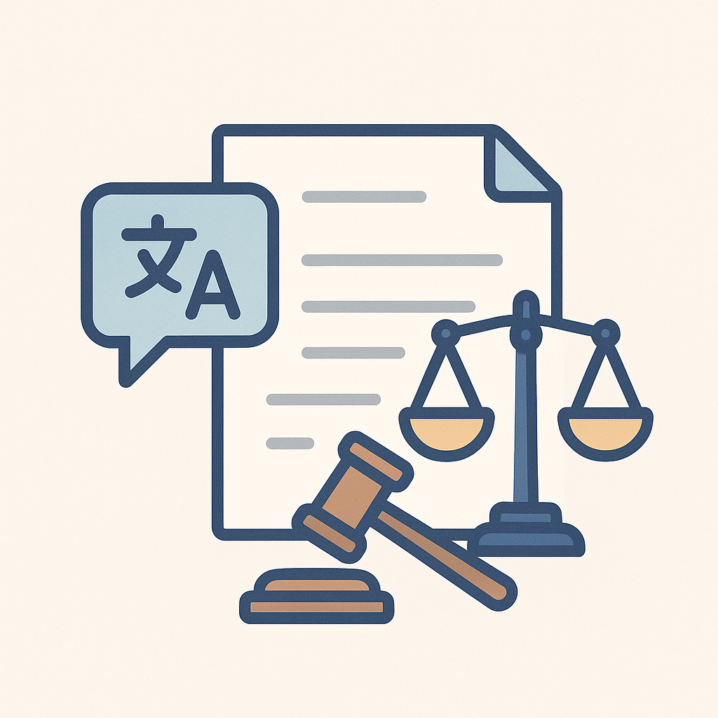 Illustration vectorielle d’un document avec bulle de traduction, balance et marteau de juge pour représenter la traduction de décisions de justice.