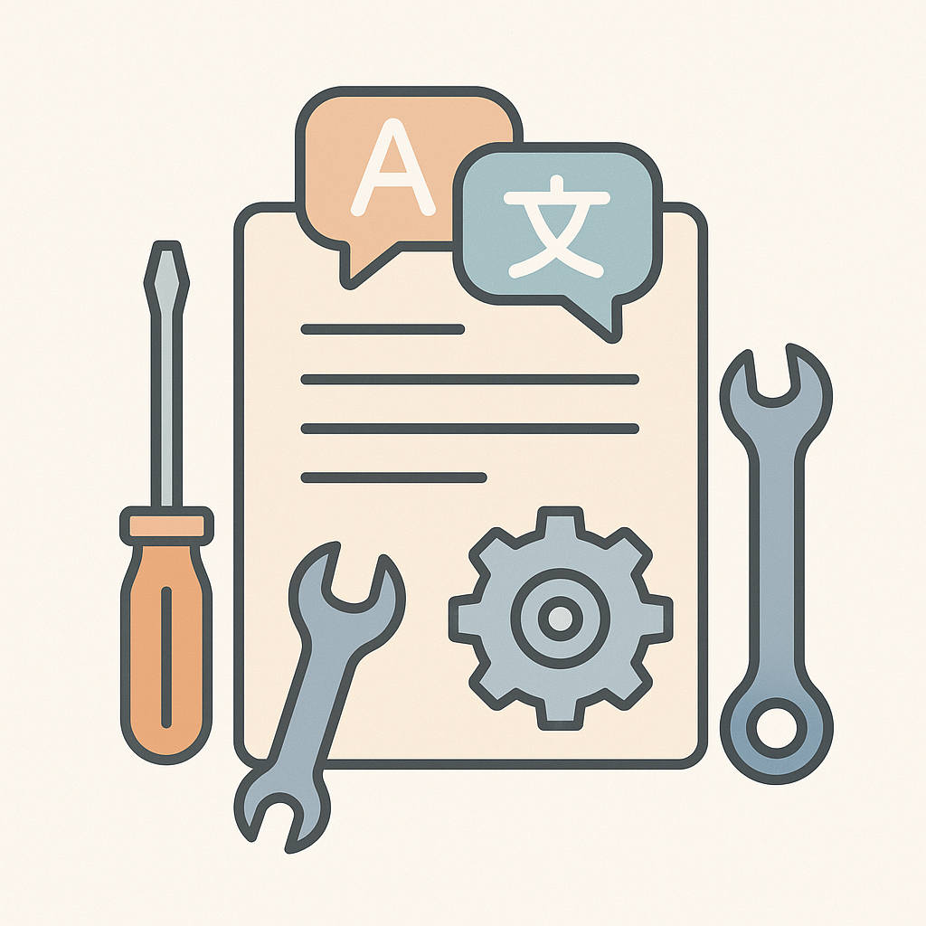 Illustration vectorielle d’un document technique entouré d’outils et d’icônes de traduction, représentant la traduction de documentation pour maintenance.