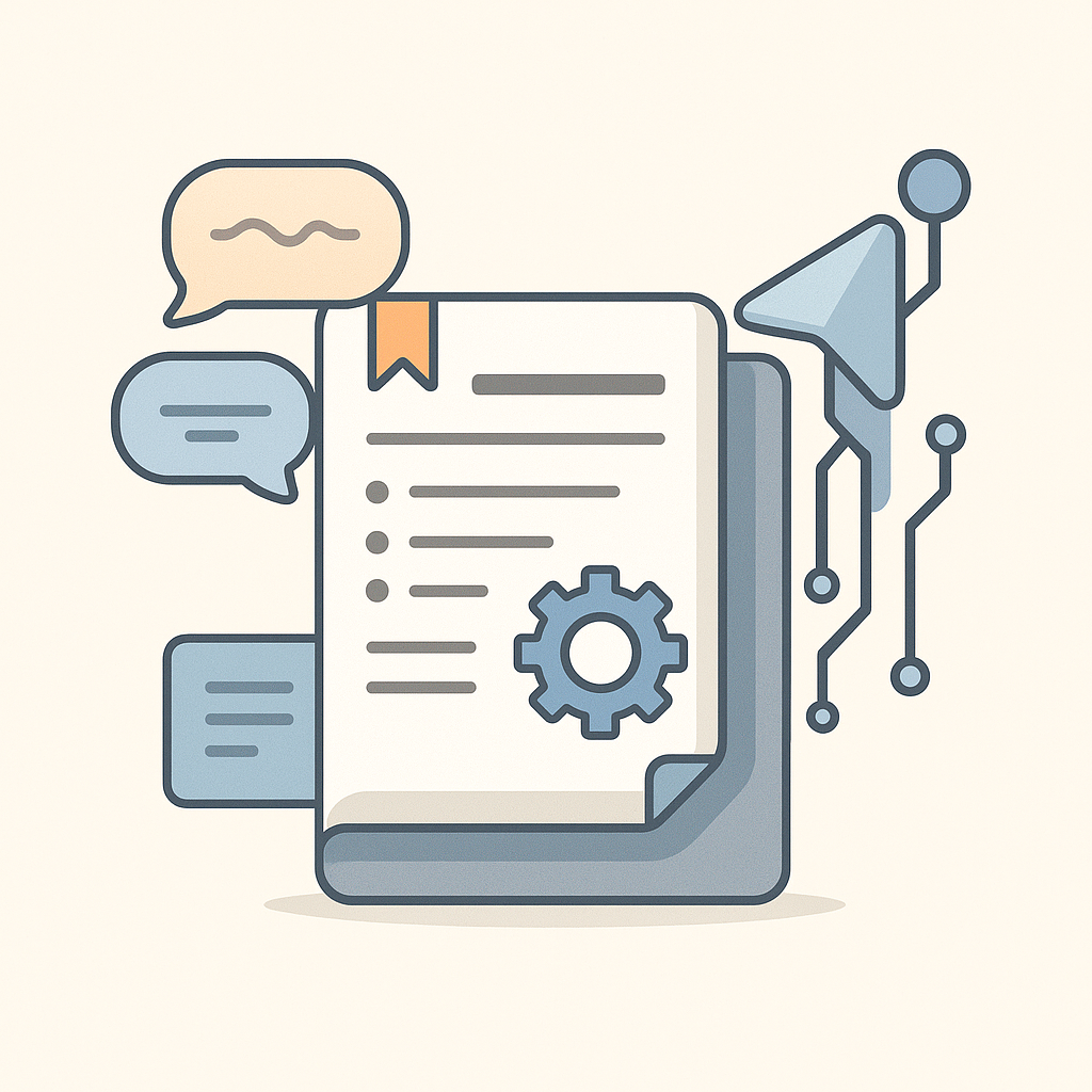 Illustration vectorielle d’un document technique avec engrenage et éléments numériques, représentant la traduction de documentation produit haute technologie.