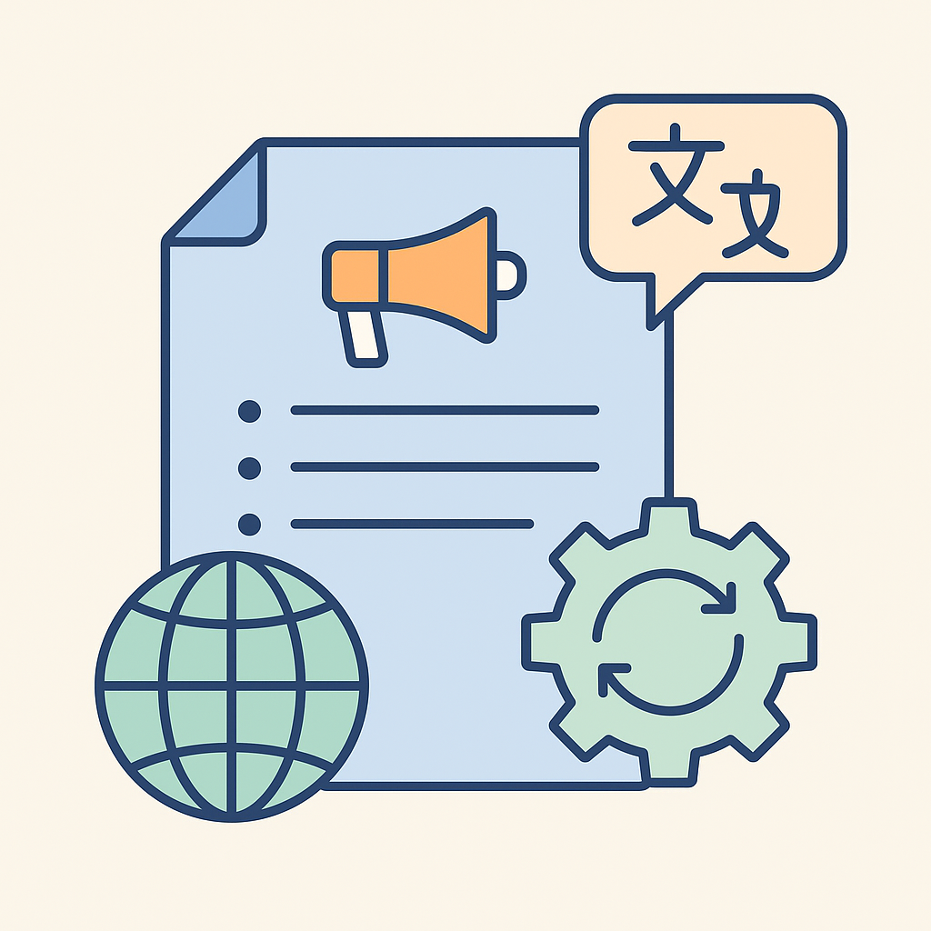 Illustration vectorielle d’un document, d’un globe et d’un engrenage, symbolisant la traduction de documents pour appels d’offres internationaux.