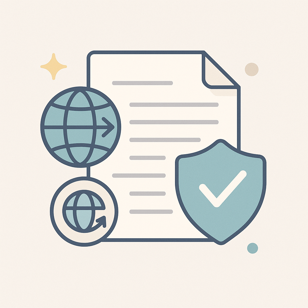 Illustration vectorielle d’un document, d’un globe et d’un bouclier avec validation, représentant la traduction de documents de conformité réglementaire.