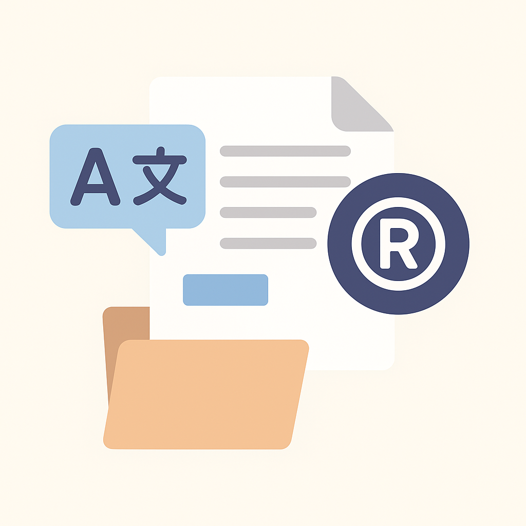 Illustration vectorielle minimaliste montrant un document, un dossier et un symbole de marque déposée, symbolisant le service de traduction de documents pour dépôt de marque.
