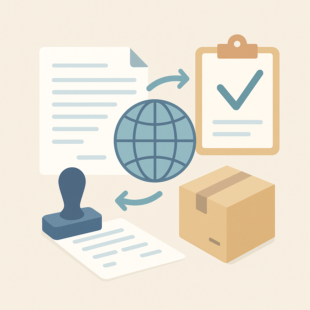Illustration flat design d’éléments liés aux documents douaniers : globe, tampons, colis et formulaires administratifs.