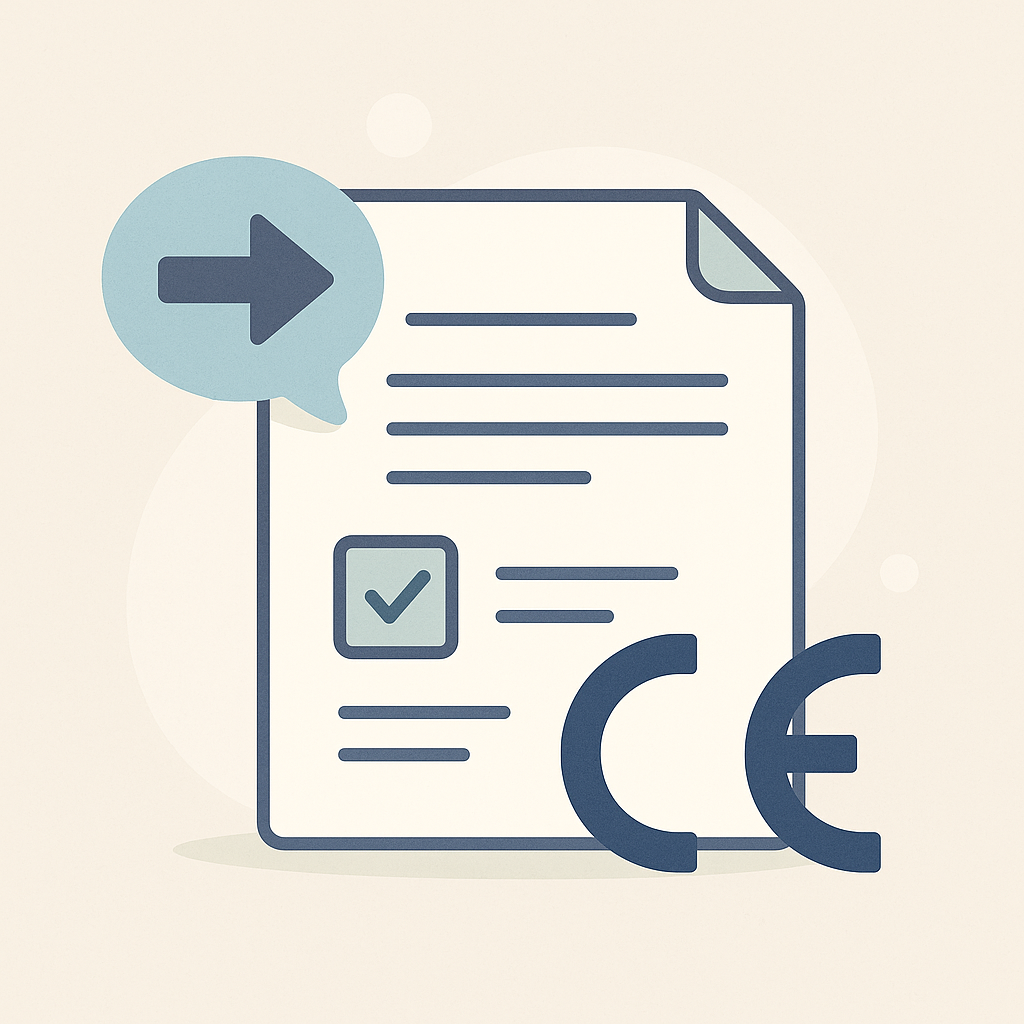 illustration vectorielle minimaliste montrant un document avec validation et symbole CE pour illustrer la traduction de documents de conformité.