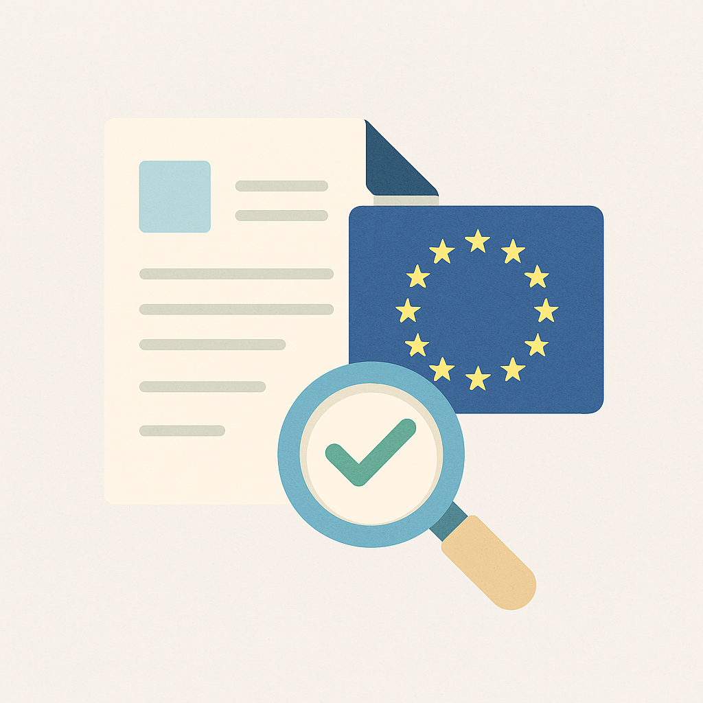 llustration vectorielle d’un document officiel, du drapeau de l’Union européenne et d’une loupe avec validation, symbolisant la traduction de documents pour subventions européennes.