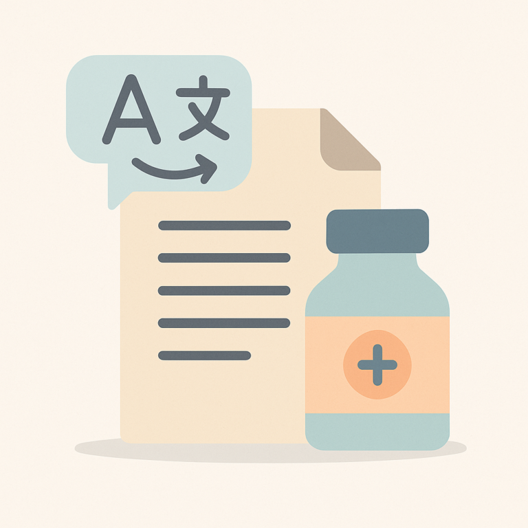 Illustration minimaliste d’un document réglementaire et d’un flacon médical, symbolisant la traduction de dossiers AMM.