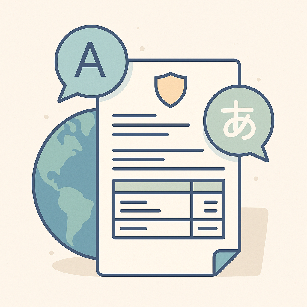Traduction de facture pro forma dans le commerce international, illustration minimaliste en flat design.