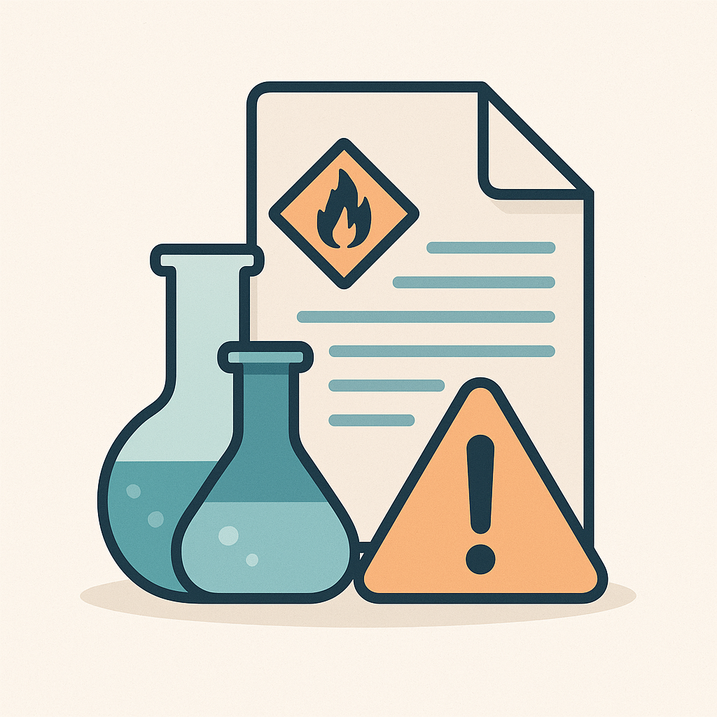Illustration minimaliste d’un document de sécurité chimique avec pictogrammes et contenants, symbolisant la traduction de fiches signalétiques de produits chimiques.