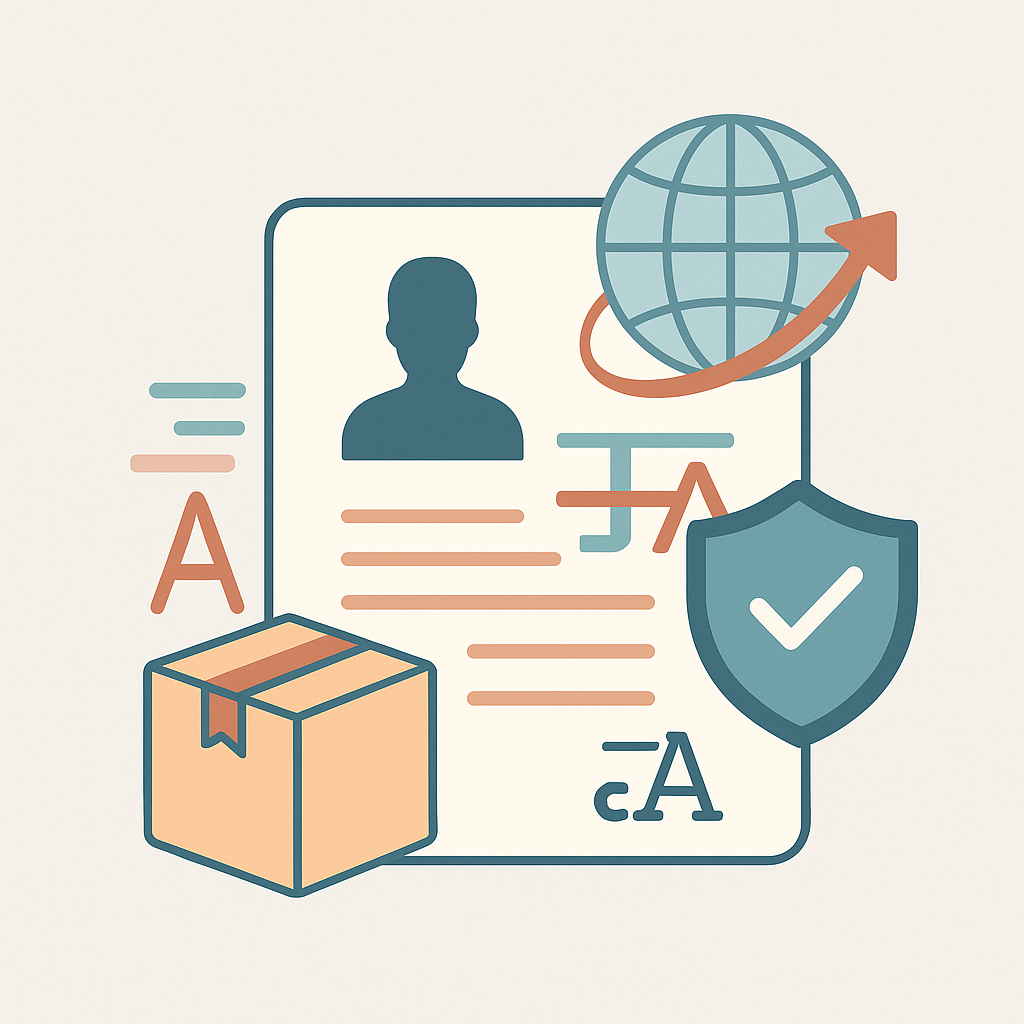 Illustration vectorielle flat design d’un document officiel avec globe, colis et symbole de validation représentant la traduction de licences d’exportation.