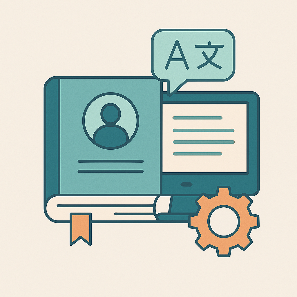 Illustration vectorielle d’un manuel, d’un écran et d’un engrenage associés à une bulle de traduction, représentant la traduction de manuels utilisateurs logiciels.