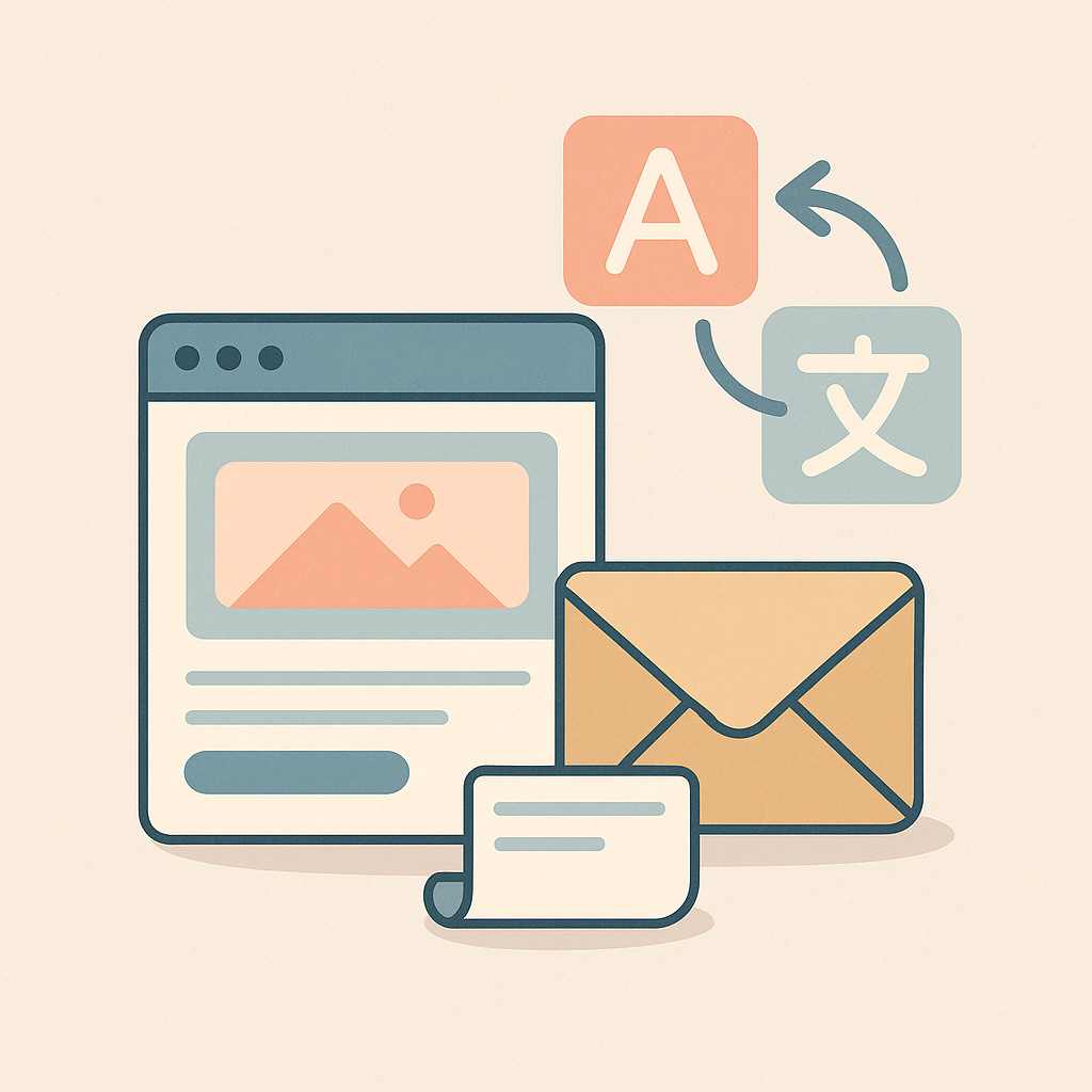 Illustration vectorielle d’un écran affichant une newsletter, d’une enveloppe et d’icônes de traduction, représentant la traduction de newsletters professionnelles.