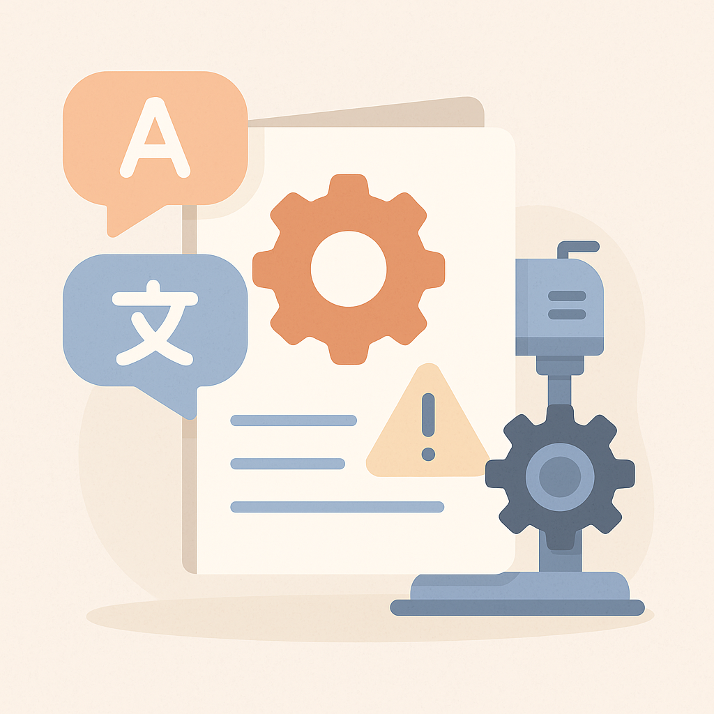 Illustration vectorielle d’une notice technique avec engrenages et symbole de traduction pour représenter la traduction de notice d’utilisation industrielle.