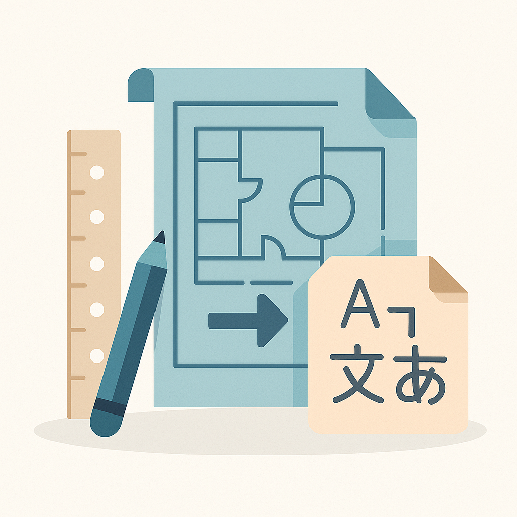 Illustration en flat design montrant un plan technique, une règle et des icônes de traduction pour symboliser la traduction de plans et schémas industriels.