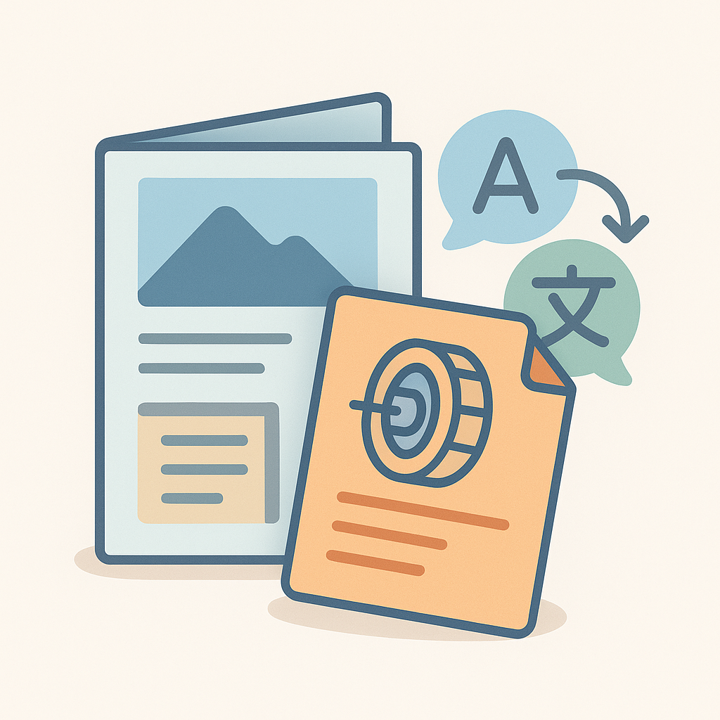 Illustration vectorielle d’une plaquette commerciale et d’un document technique avec icônes de traduction, représentant la traduction de plaquettes commerciales techniques.