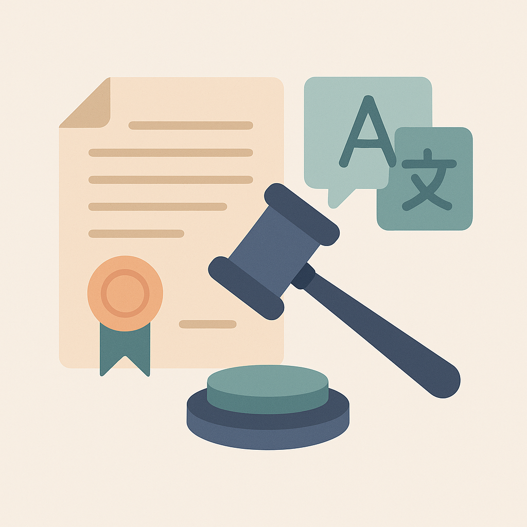 Illustration vectorielle d’un document avec sceau, marteau d’arbitre et icône de traduction pour représenter la traduction pour procédures d’arbitrage.