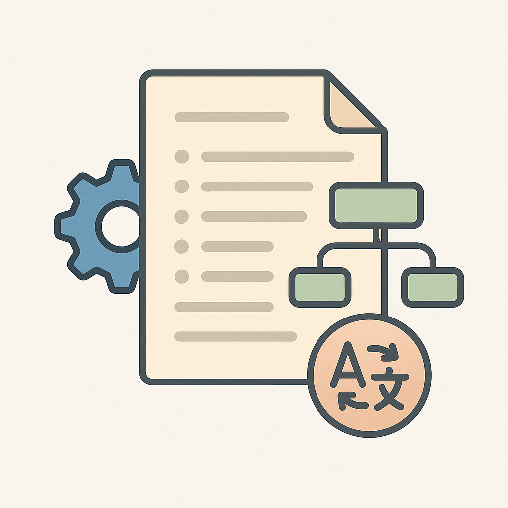 Illustration vectorielle d’un document, d’un engrenage et d’un organigramme associés à une icône de traduction, représentant la traduction de procédures internes d’entreprise.