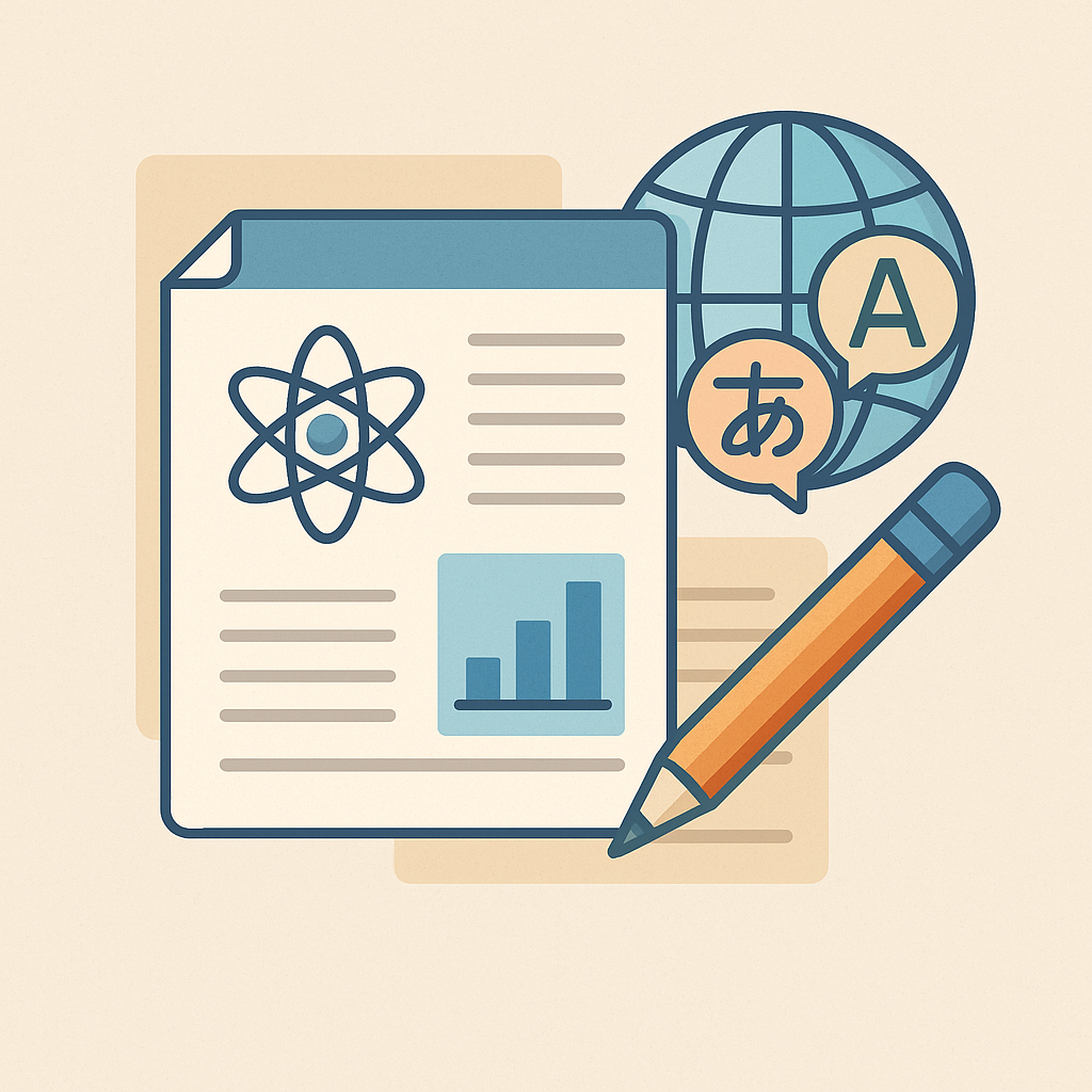 Illustration minimaliste d’un document scientifique avec globe et symboles de traduction, suggérant la traduction de publications scientifiques.