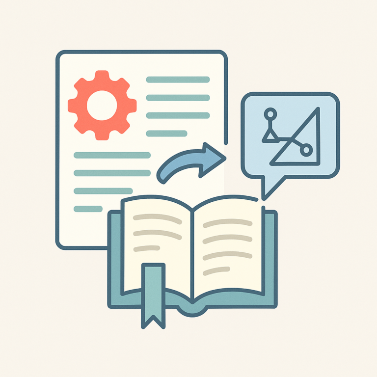 Illustration flat design représentant la traduction de rapports d’ingénierie avec icônes de document, engrenage et schéma technique.