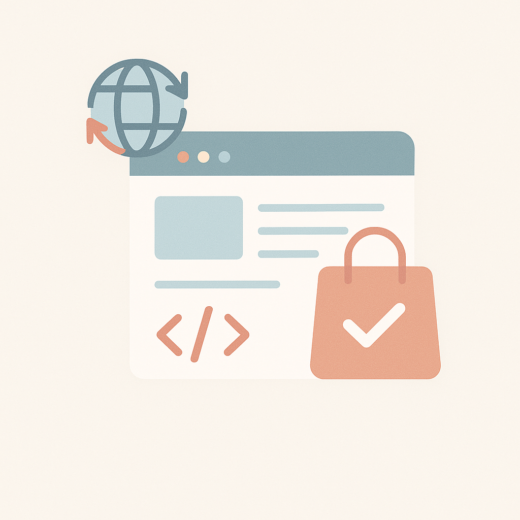 Illustration vectorielle d’un navigateur web, d’icônes de traduction et d’un sac e-commerce validé, représentant la traduction de sites e-commerce spécialisés.