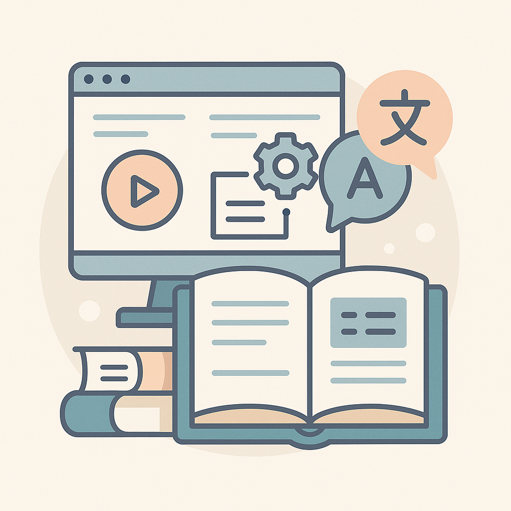 Illustration vectorielle d’un manuel, d’un écran de présentation et de bulles de traduction, représentant la traduction de supports de formation technique.