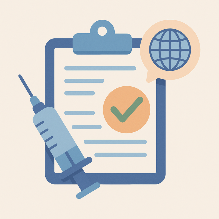 Illustration flat design d’un clipboard médical avec seringue et globe symbolisant la traduction d’essais cliniques