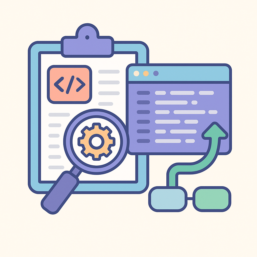 Loupe et engrenage sur un document de code relié à une flèche ascendante, symbolisant l’audit et la modernisation d’un code legacy.