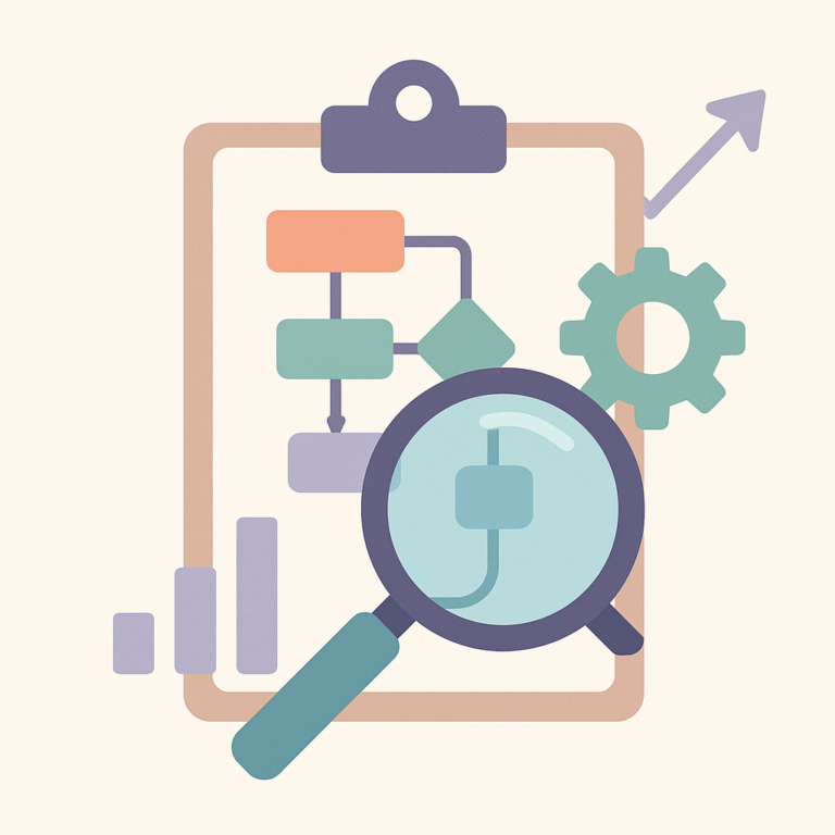 Loupe analysant un schéma de workflow avec engrenage et graphiques, symbolisant l’audit et l’optimisation des automatisations Activepieces.