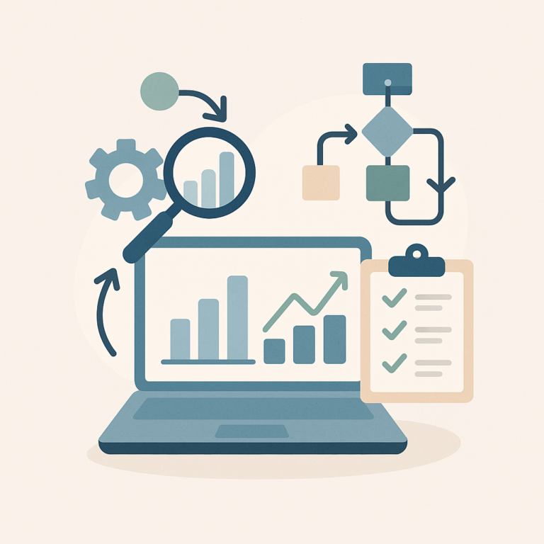Icônes de workflow, graphiques, loupe et engrenages représentant l’audit et l’optimisation de workflows automatisés avec Pipedream.