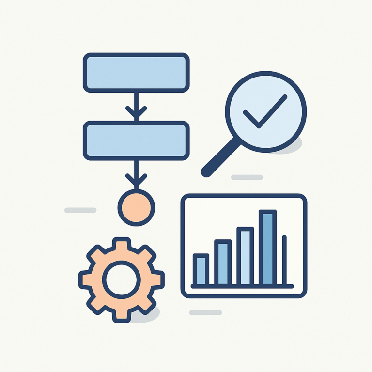 Icônes de workflow, loupe et graphique représentant l’audit et l’optimisation de workflows Zapier pour fiabiliser les automatisations.