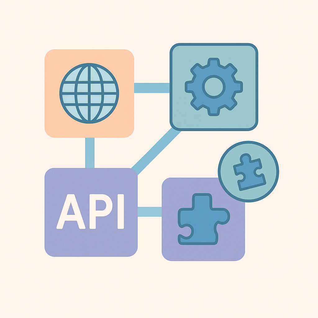 Icônes abstraites de puzzle, engrenage et globe représentant le développement de connecteurs personnalisés Activepieces pour API.