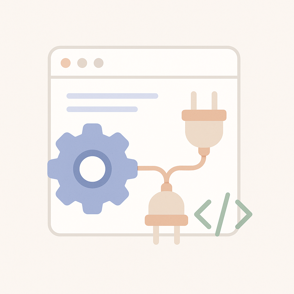 Icônes de connecteurs, engrenages et code représentant la création de connecteurs personnalisés Pipedream pour intégrations API.