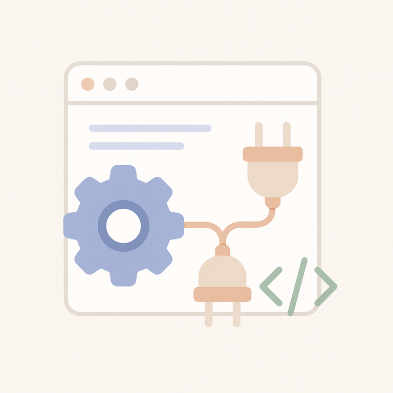 Icônes de connecteurs, engrenages et code représentant la création de connecteurs personnalisés Pipedream pour intégrations API.