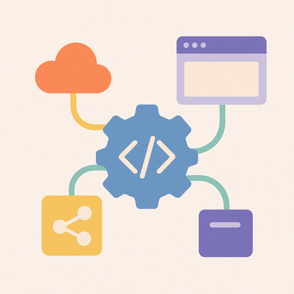 Icônes reliées à une roue dentée représentant des connecteurs personnalisés Zapier intégrant des applications via API sur mesure.