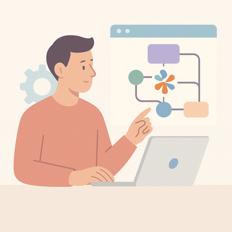 Consultant devant un ordinateur configurant un workflow automatisé représentant le service de consultant Activepieces.