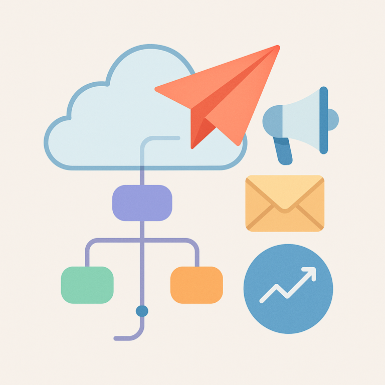 Schéma de workflow et icônes marketing illustrant le déploiement Activepieces pour l’automatisation des campagnes digitales.