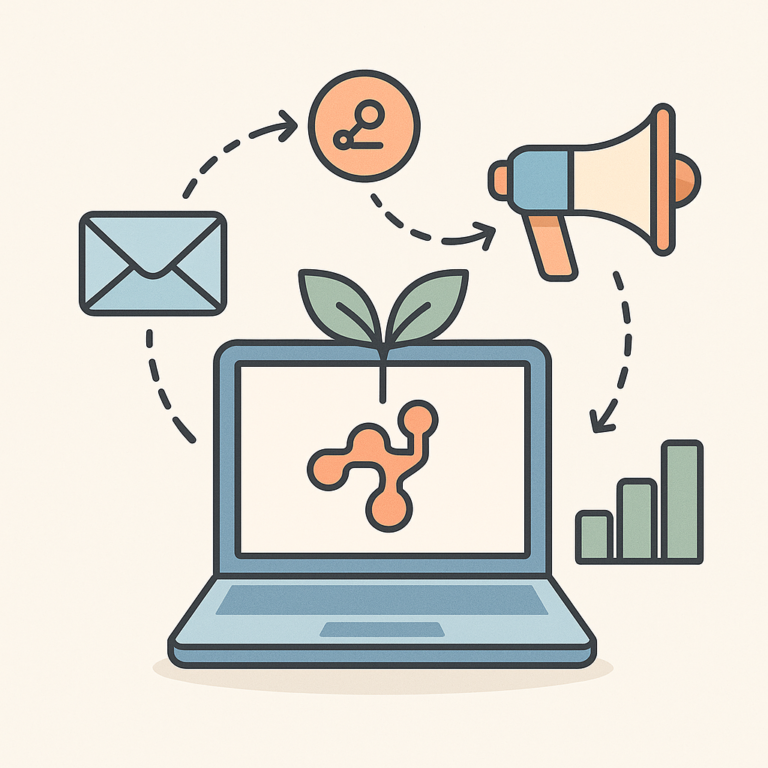 Icônes de marketing reliées à un ordinateur illustrant le déploiement de workflows Pipedream pour automatiser des campagnes digitales.