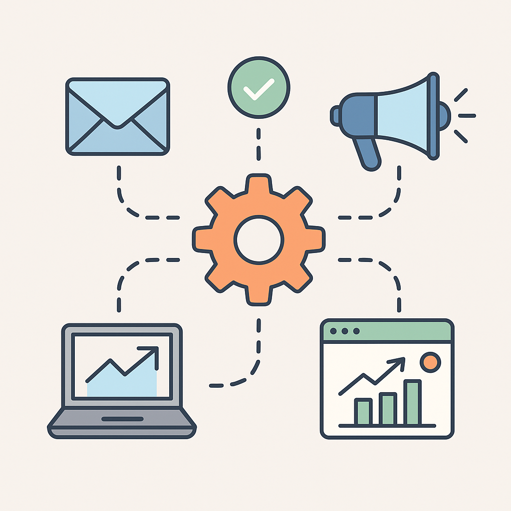 Icônes de marketing reliées à un engrenage central représentant le déploiement de workflows Zapier pour automatiser des campagnes digitales.