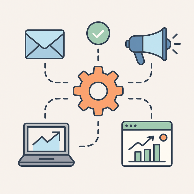 Icônes de marketing reliées à un engrenage central représentant le déploiement de workflows Zapier pour automatiser des campagnes digitales.