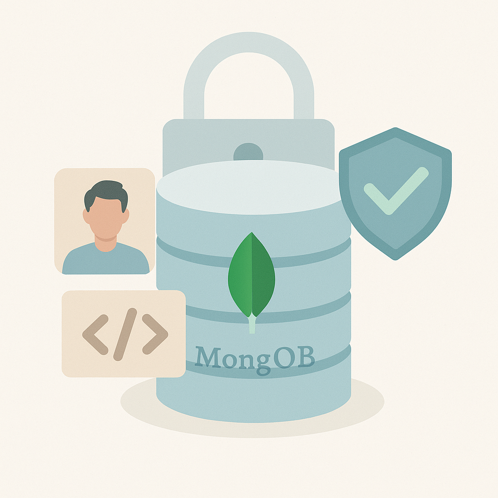 Illustration vectorielle d’un développeur MongoDB travaillant sur une base NoSQL sécurisée, symbolisée par une base de données, un cadenas et un bouclier.