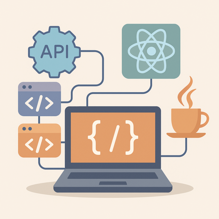 Serveur et icônes API connectées par des flèches, symbolisant le développement back-end évolutif avec Node.js.