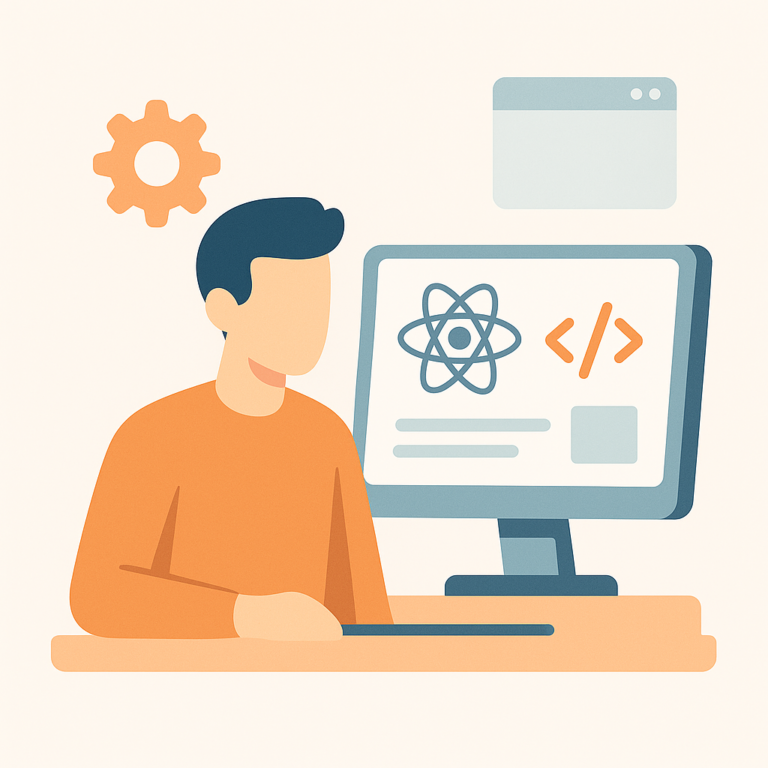 Développeur devant un écran affichant le logo React et des composants front-end, symbolisant le développement web avec React.